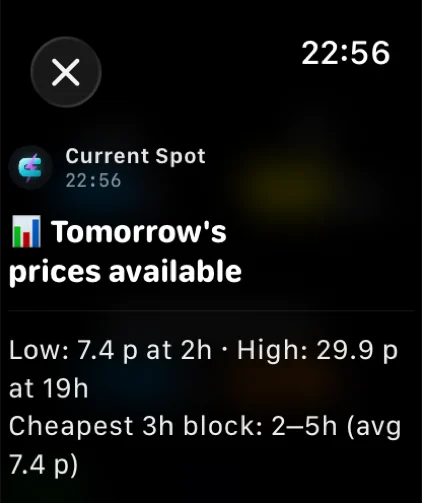 Apple Watch: notification with tomorrow's prices